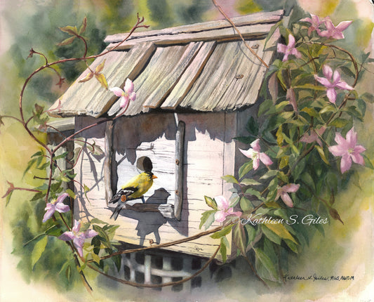 Original Watercolor Painting Gold Finch on Birdhouse