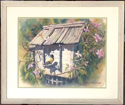 Original Watercolor Painting Gold Finch on Birdhouse